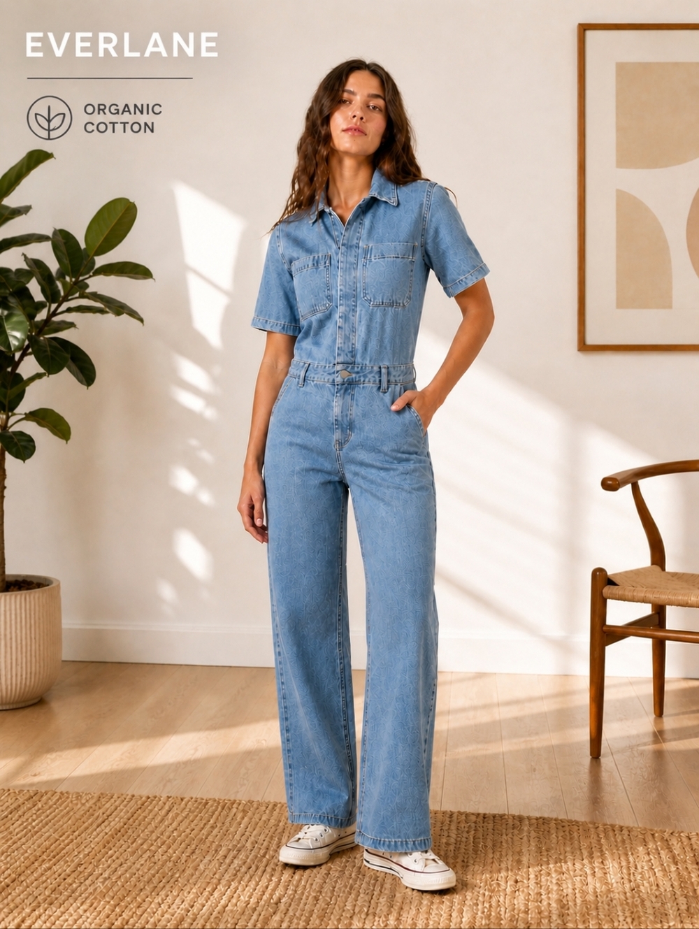 Everlane Organic Cotton Light Blue Denim Short-Sleeve Jumpsuit Coveralls, Size 0
